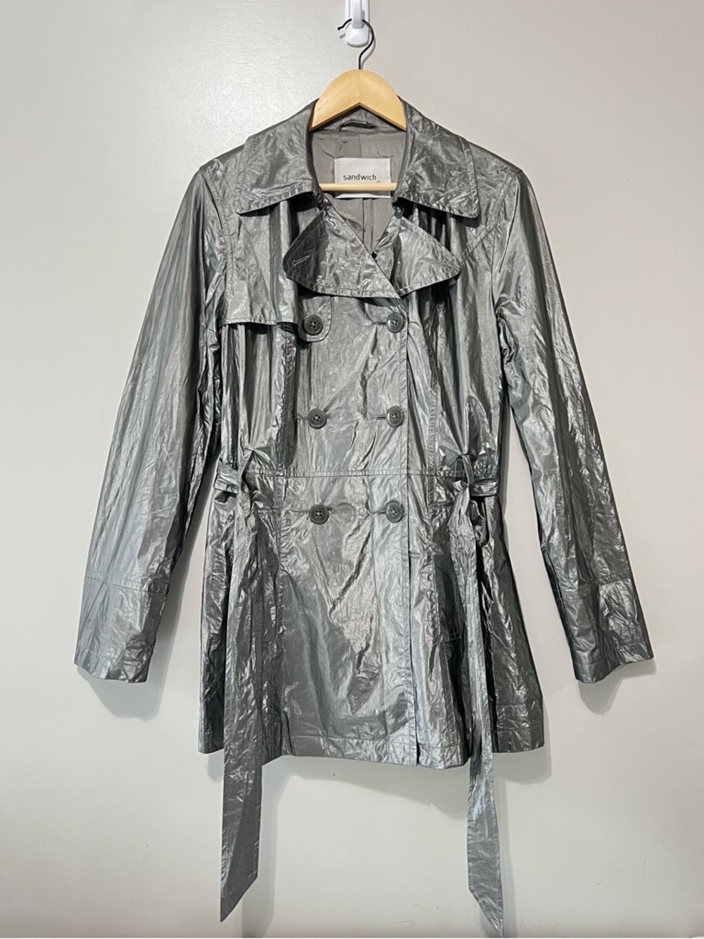 Sandwich_ Double Breasted Midi Trench Coat Metallic Silver Grey Belted Jacket